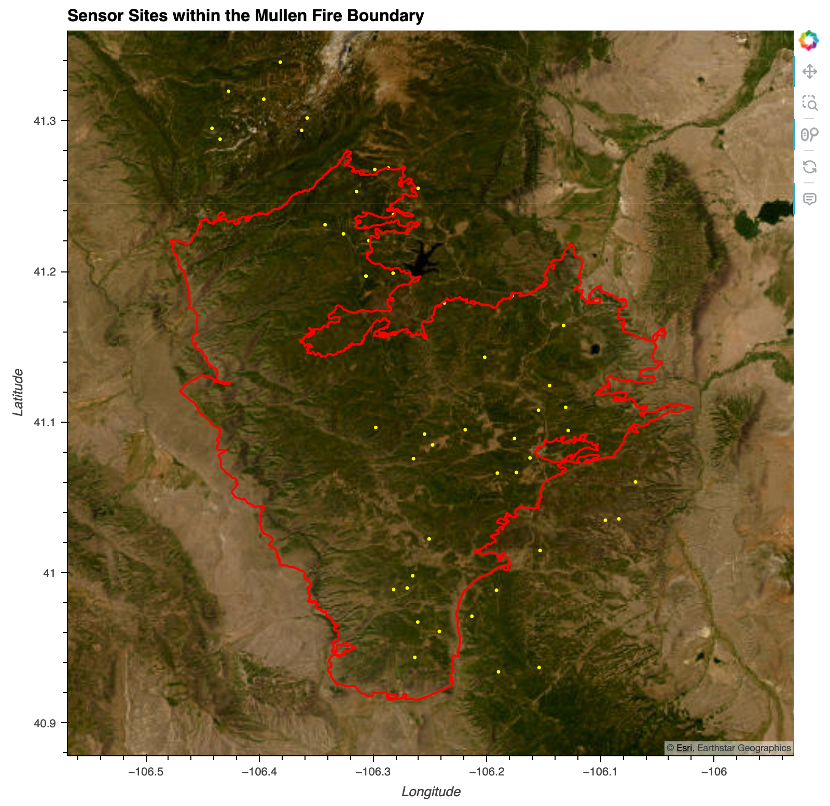 Mullen Wildfire boundary Map including Observation Sites